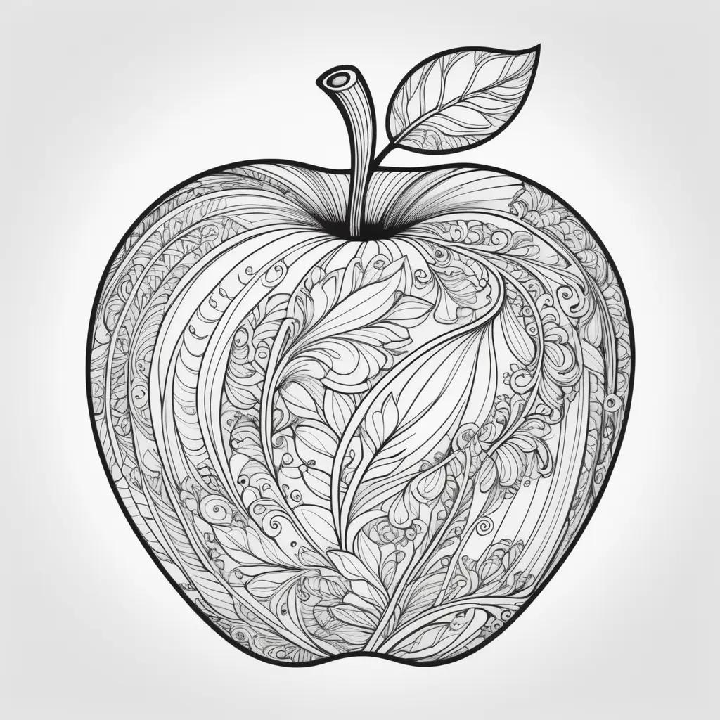 black and white apple coloring page with a leaf on top