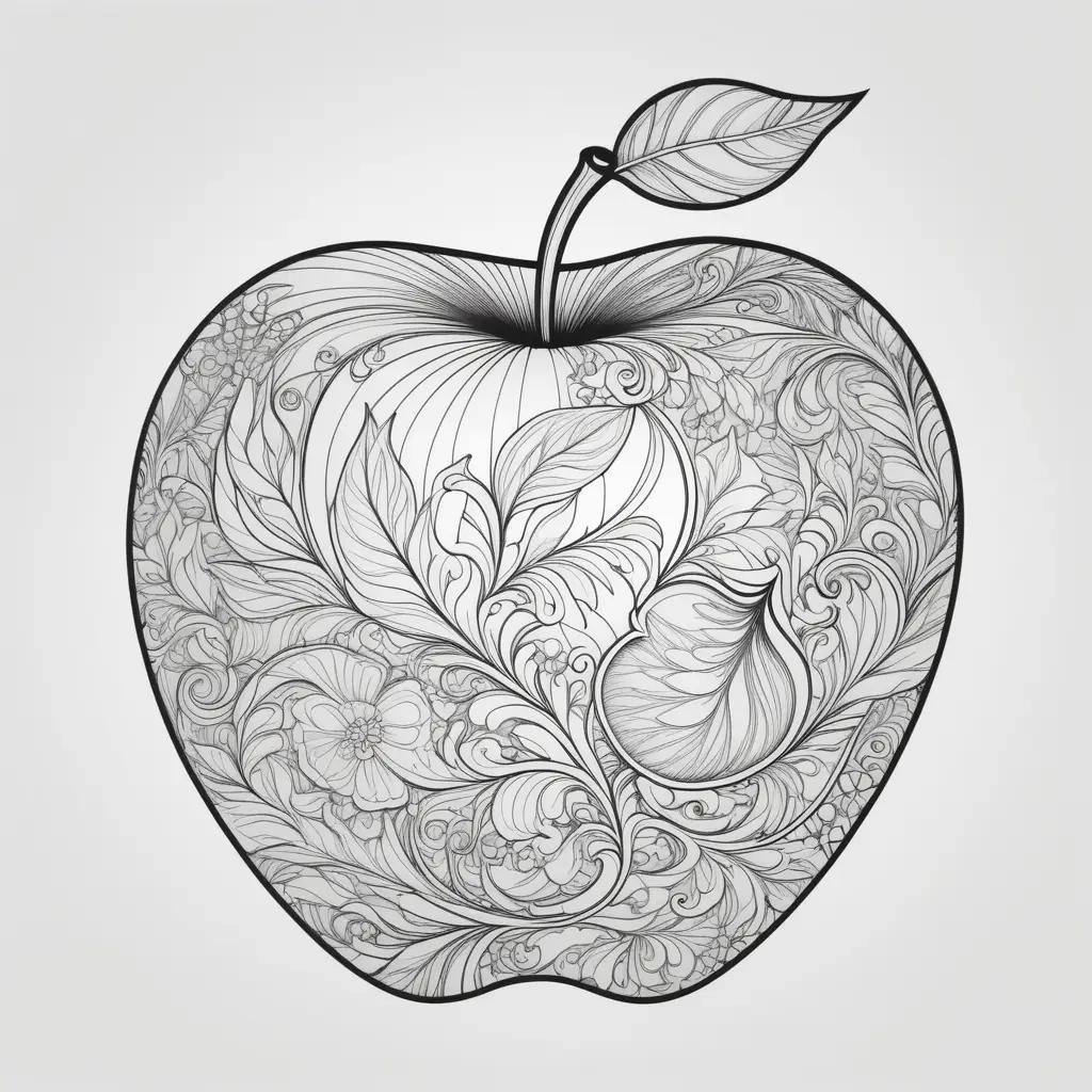 black and white apple coloring page with intricate details