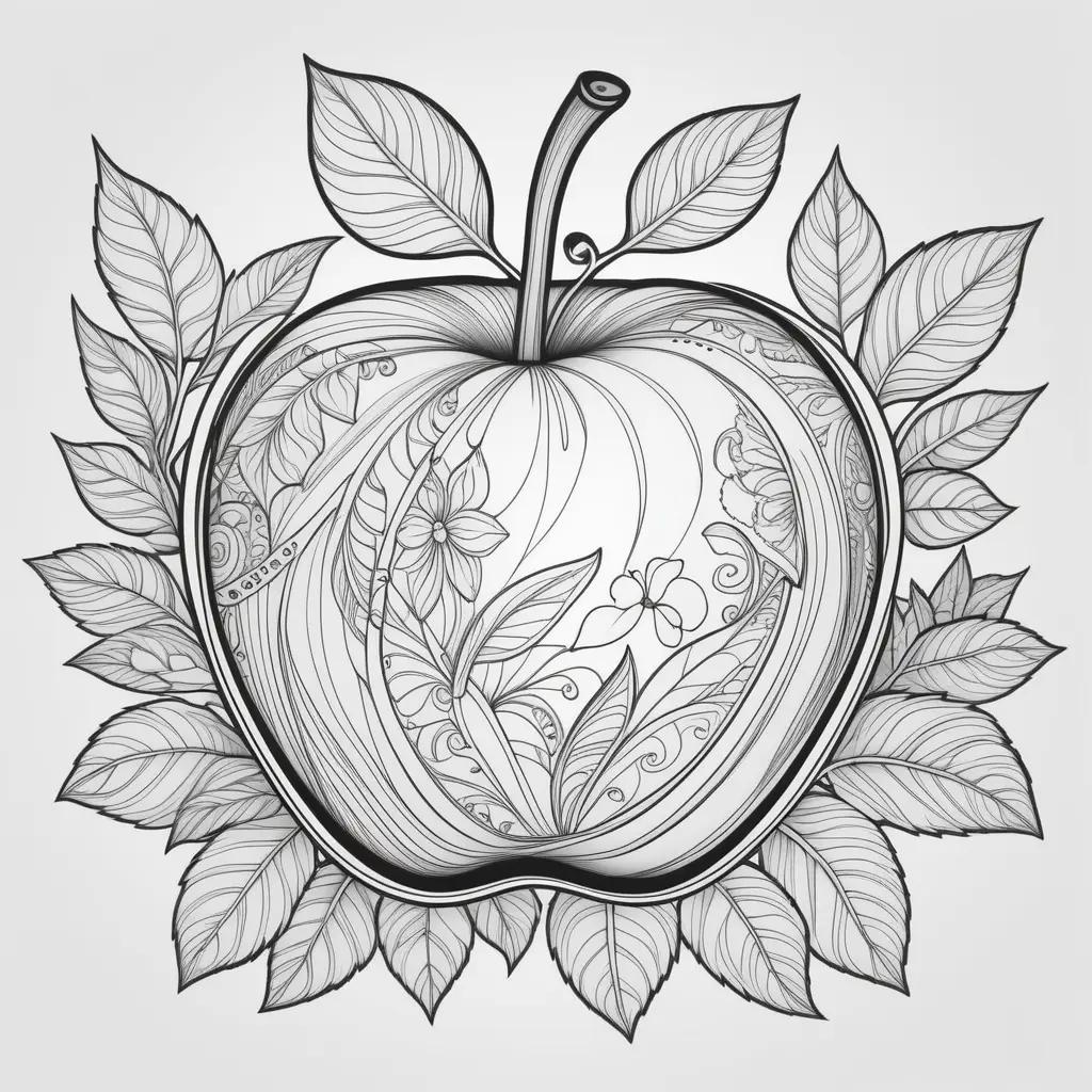 black and white apple with leaves coloring page