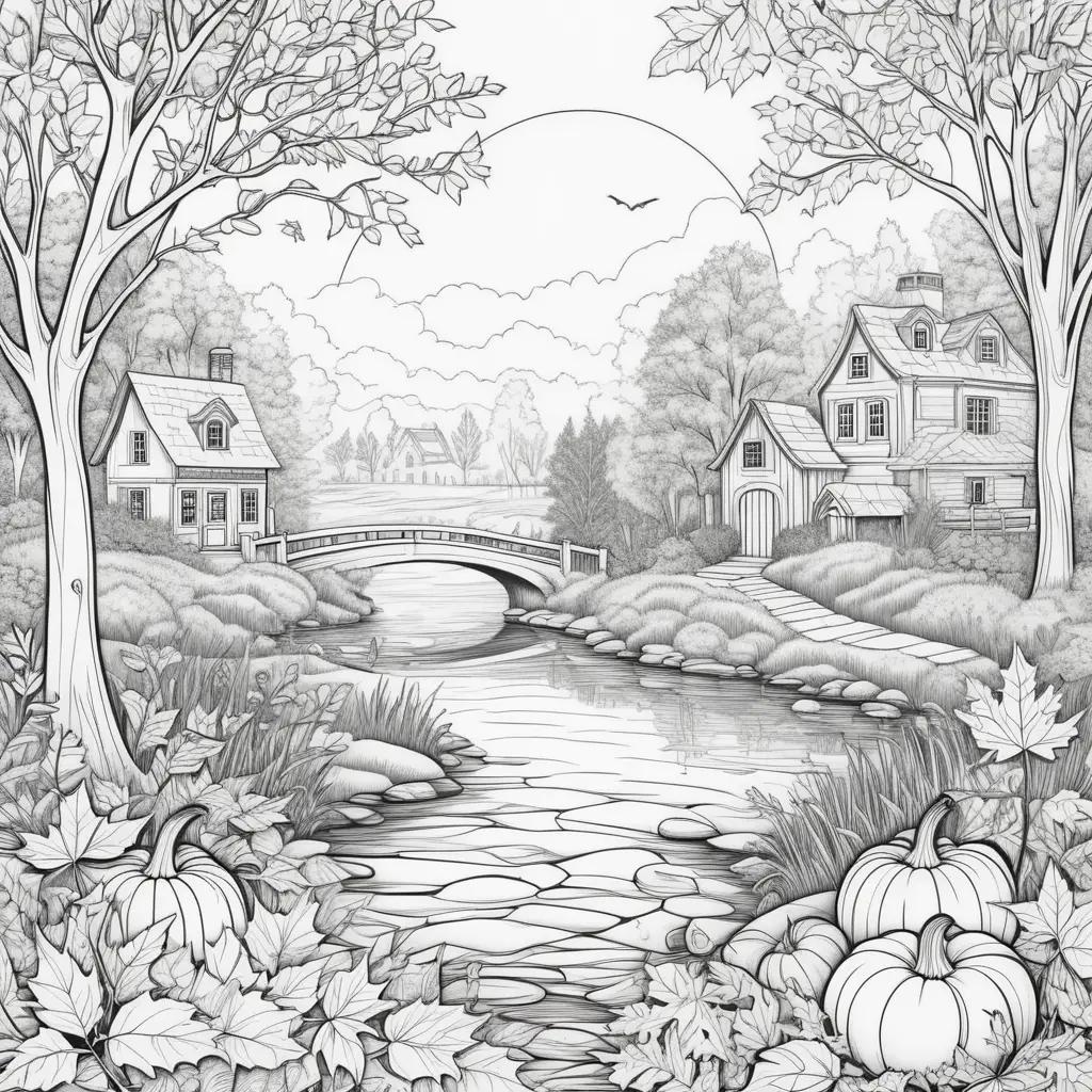 black and white autumn scene with a river and pumpkins