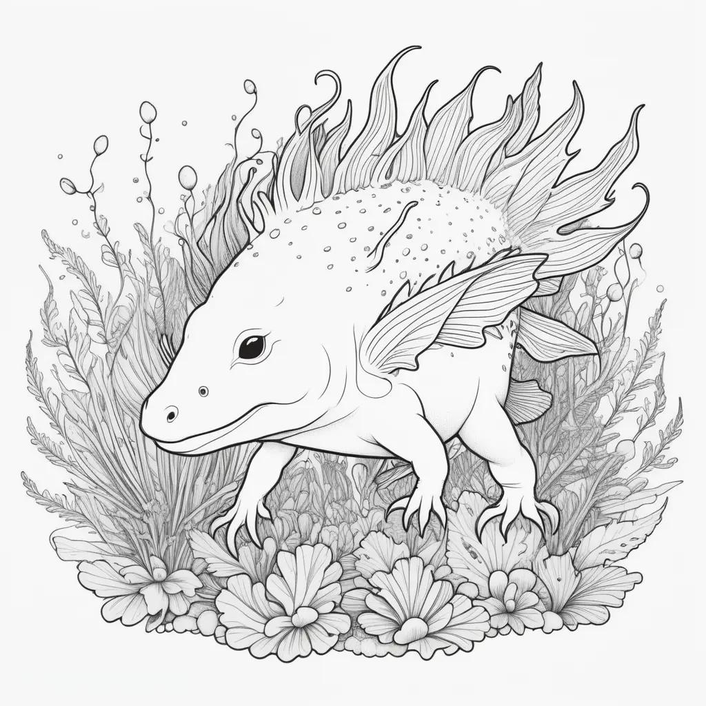 black and white axolotl coloring page with flowers in the background