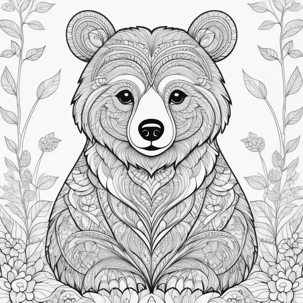 black and white bear coloring page with flowers and leaves