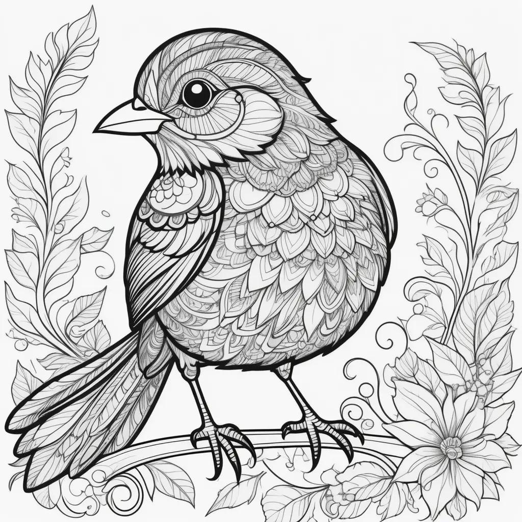 black and white bird coloring page with a flower in the background