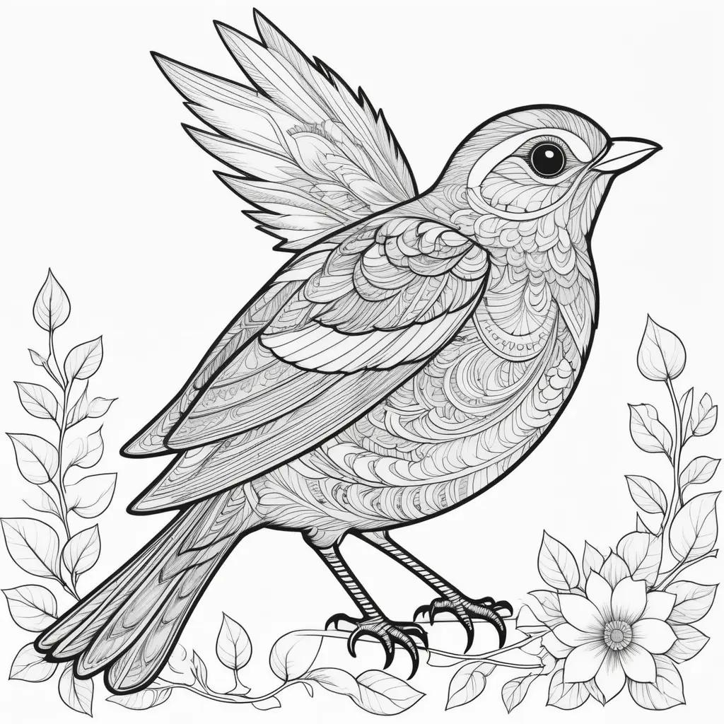 black and white bird coloring page with a leafy background