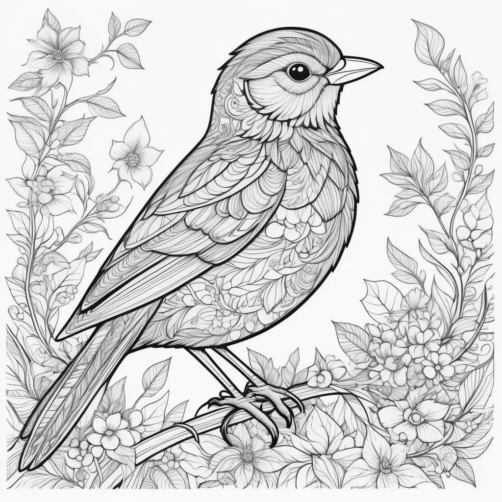 black and white bird coloring page with flowers