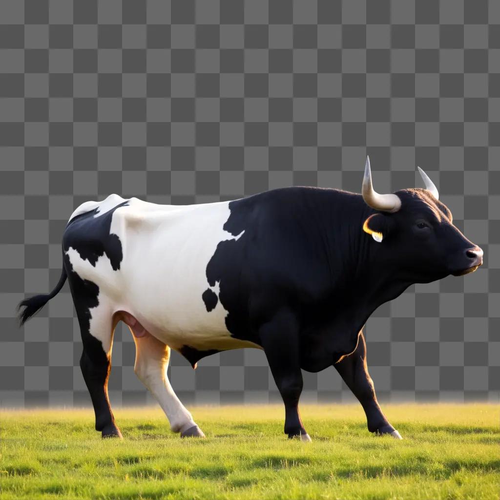 black and white bull standing in a field