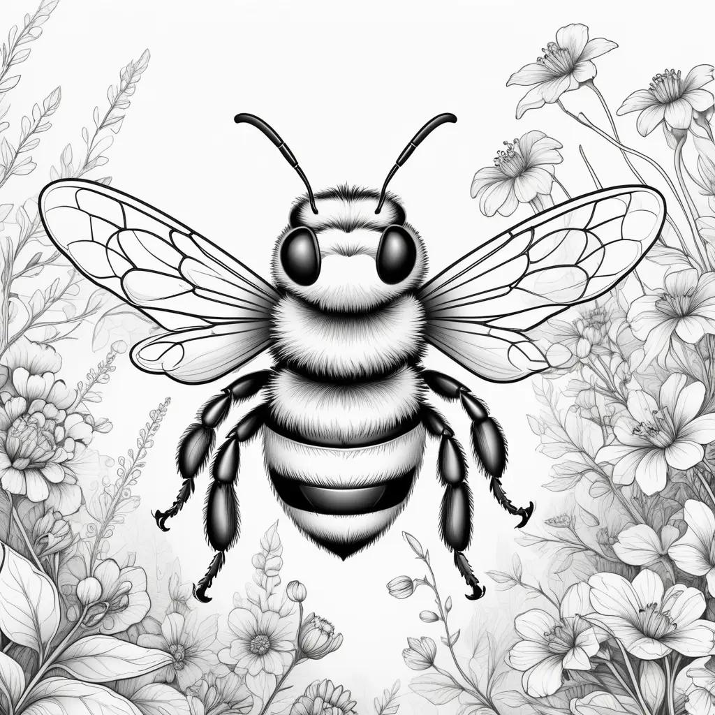 black and white bumble bee coloring page with flowers in the background