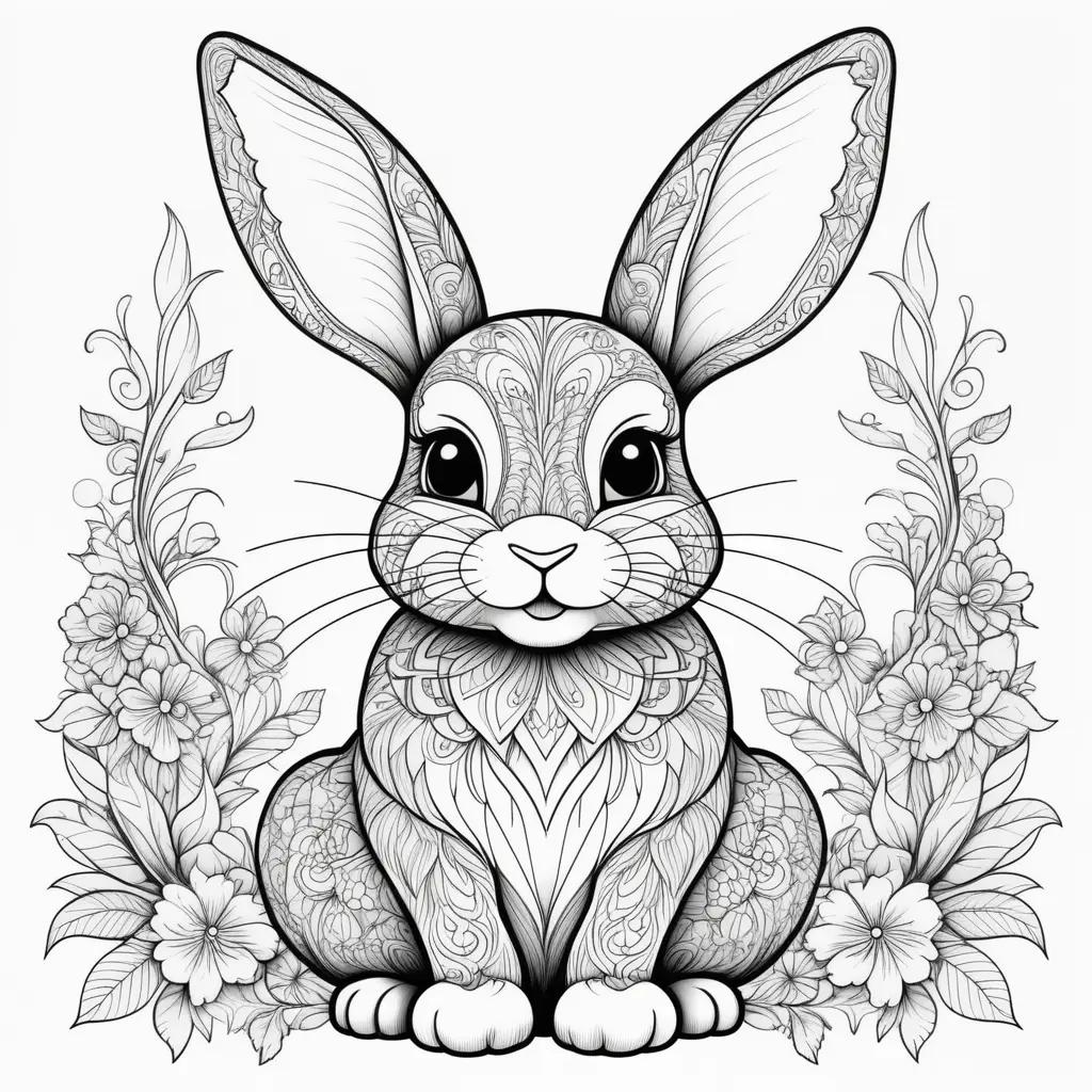 black and white bunny coloring page with flowers and leaves