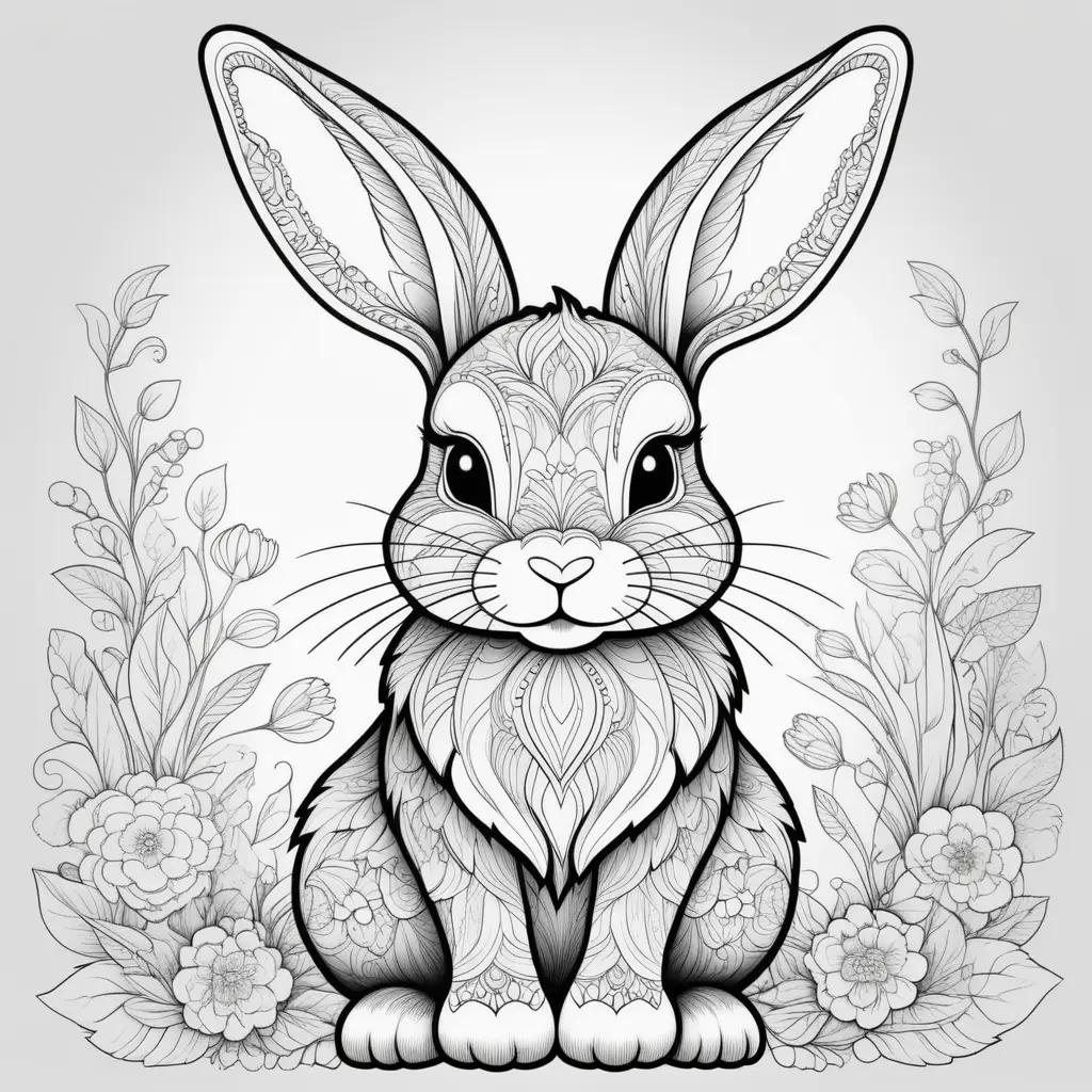 black and white bunny rabbit coloring page with flowers