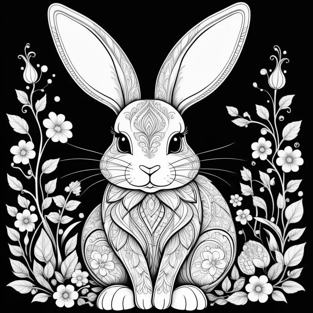 black and white bunny rabbit coloring page with flowers and leaves