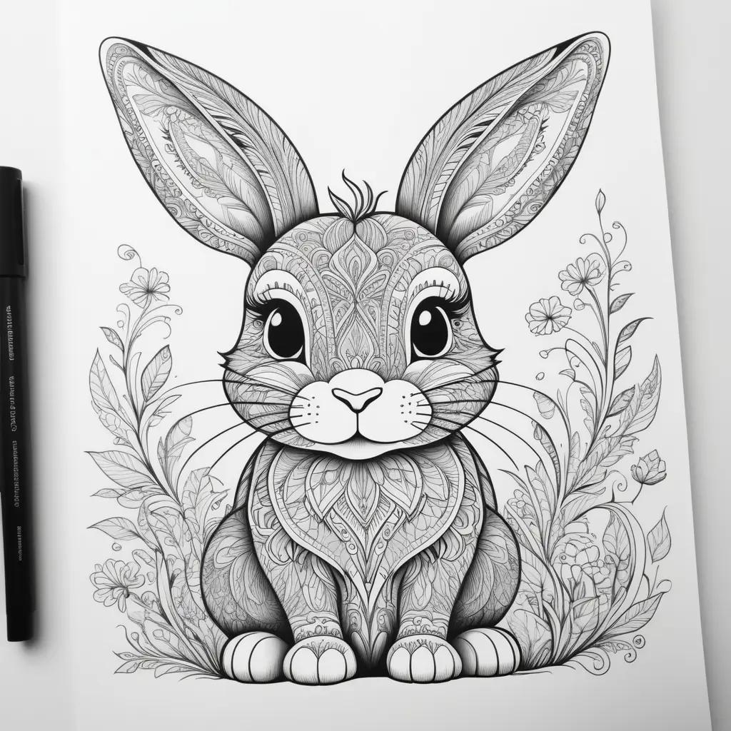 black and white bunny sits in a floral design