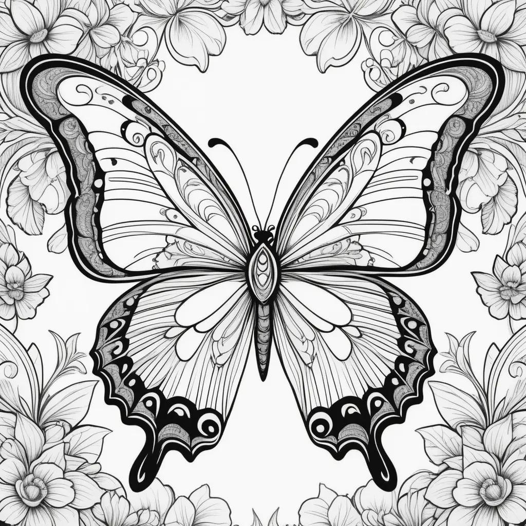 black and white butterfly color page with a flower in the background