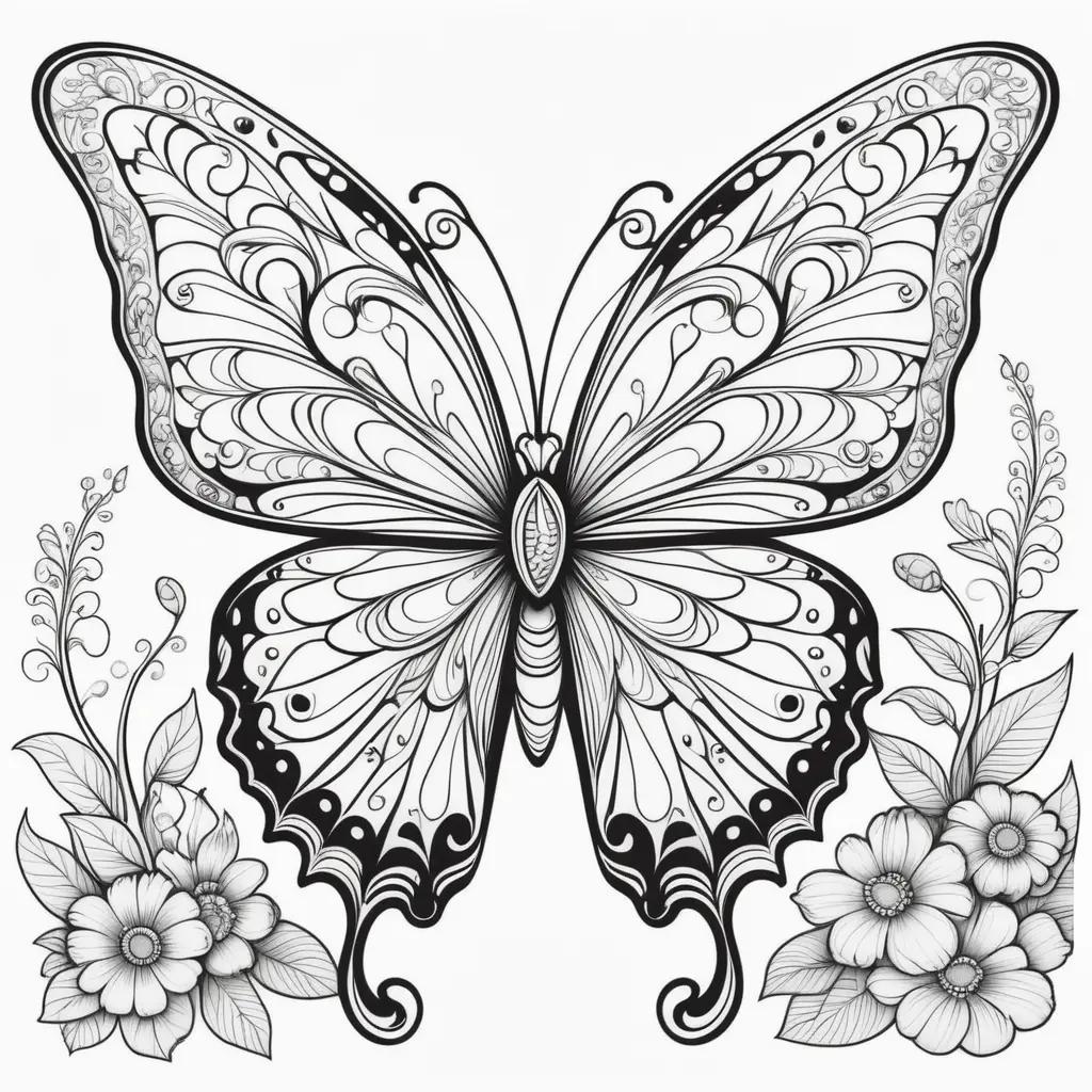 black and white butterfly coloring page with a floral background