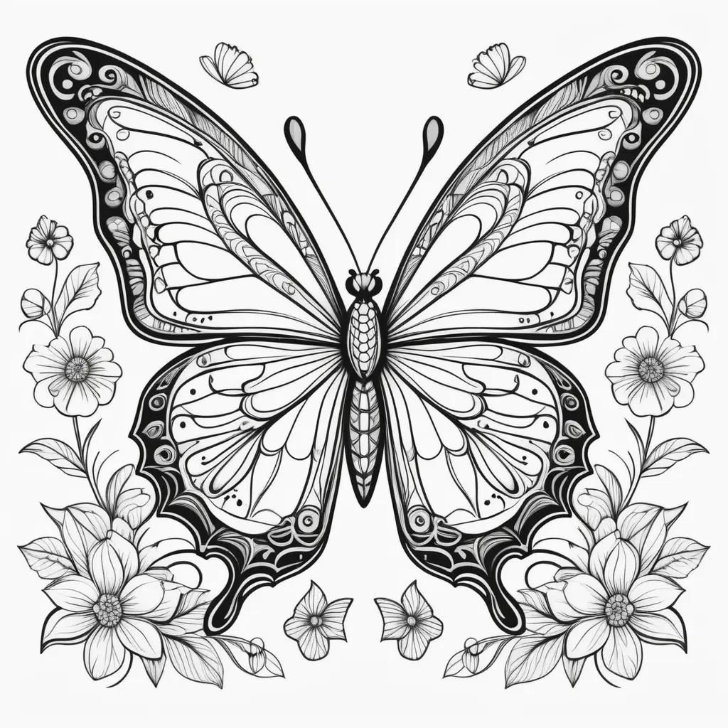 black and white butterfly coloring page with flowers