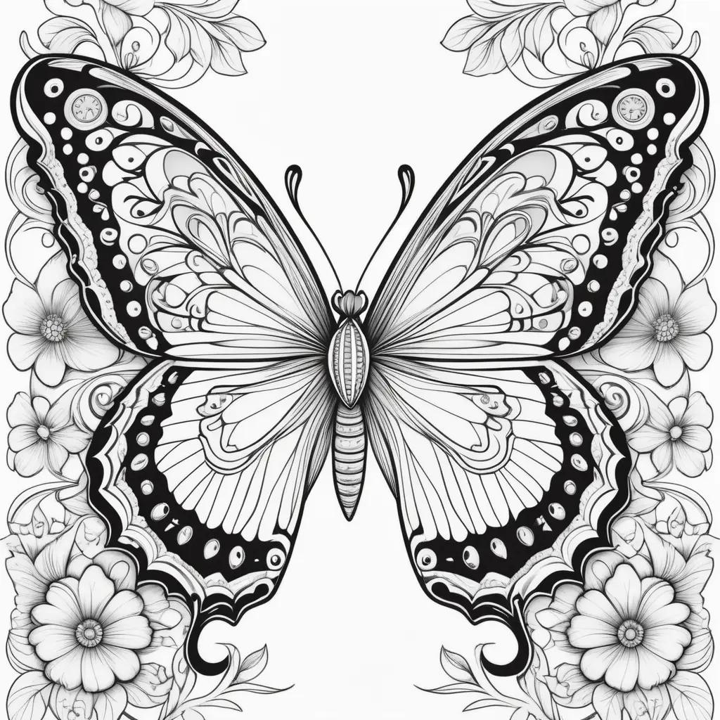 black and white butterfly coloring page with flowers