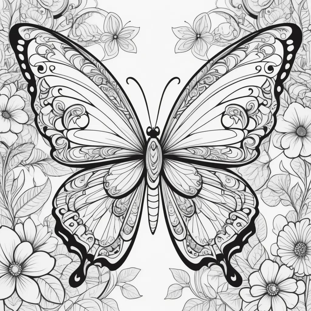 black and white butterfly coloring page with intricate details