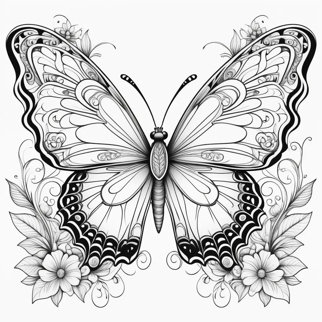 black and white butterfly with flower illustrations on it