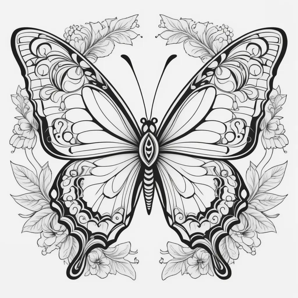 black and white butterfly with intricate details on a coloring page