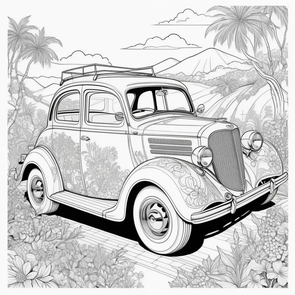 black and white car coloring page with flowers and mountains