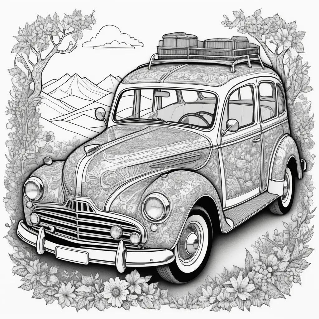 black and white car coloring page with flowers and mountains