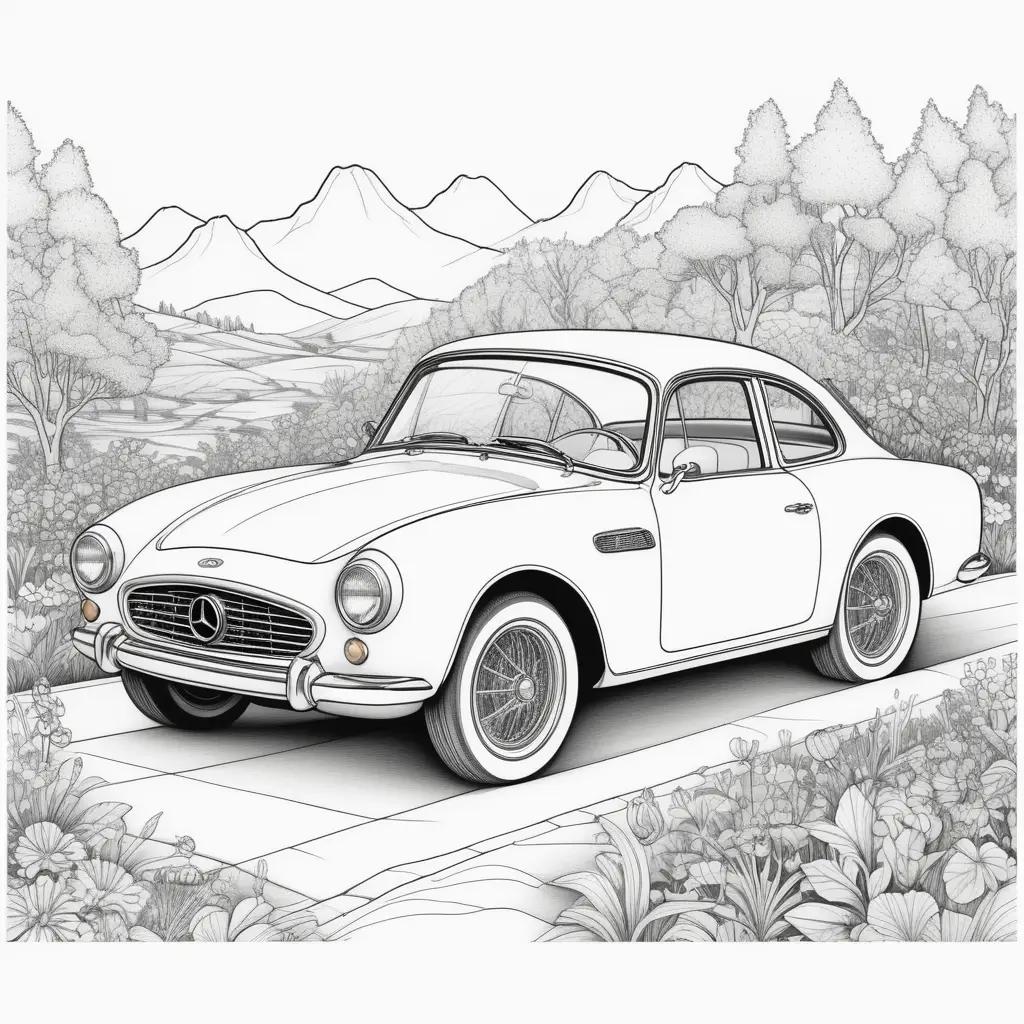 black and white car coloring page with mountains in the background