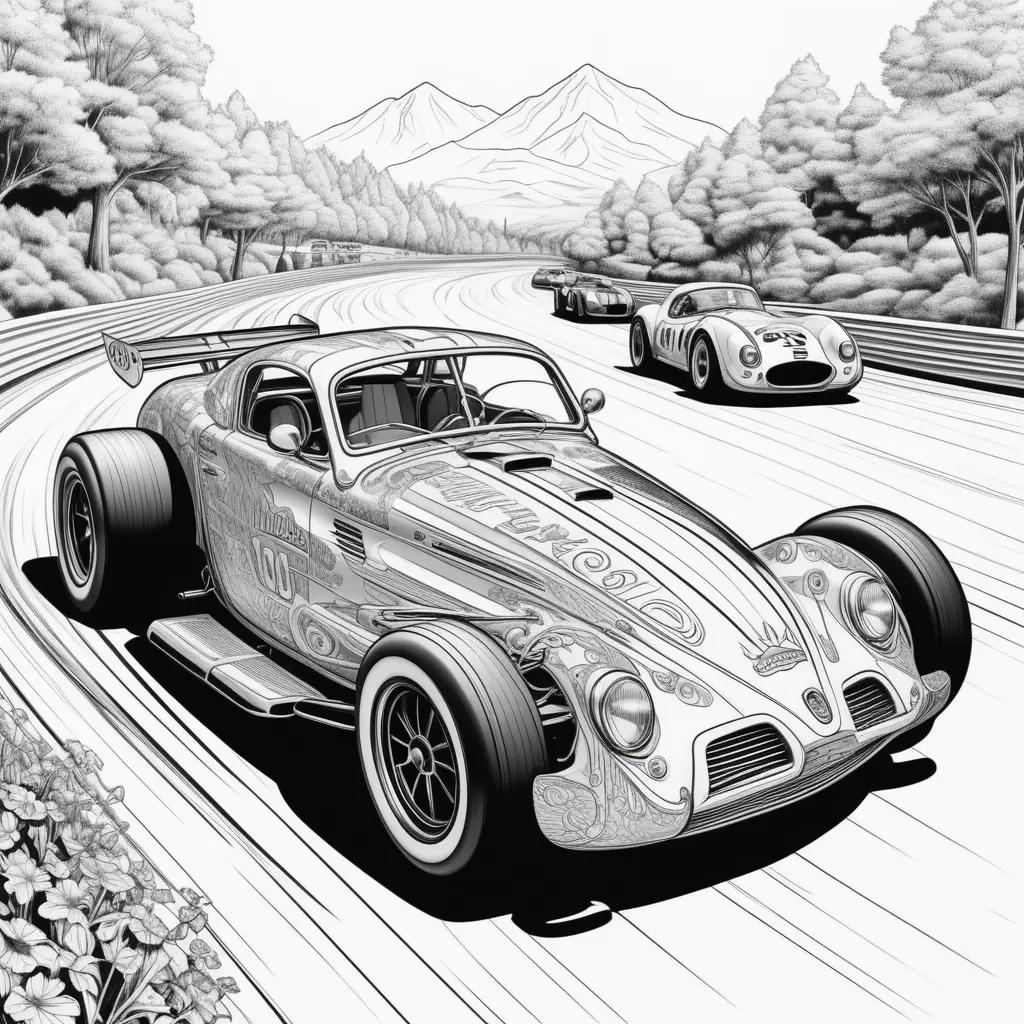 black and white car race coloring page with a mountain in the background