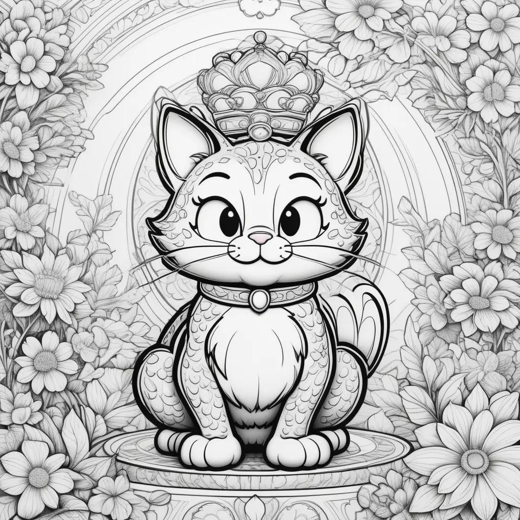 black and white cartoon cat sits on a flower arrangement