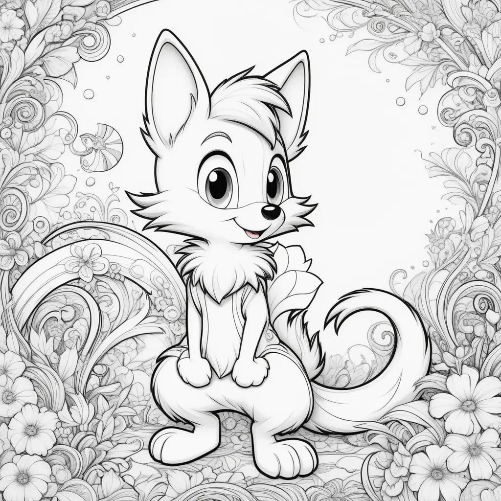 black and white cartoon fox with colorful tails