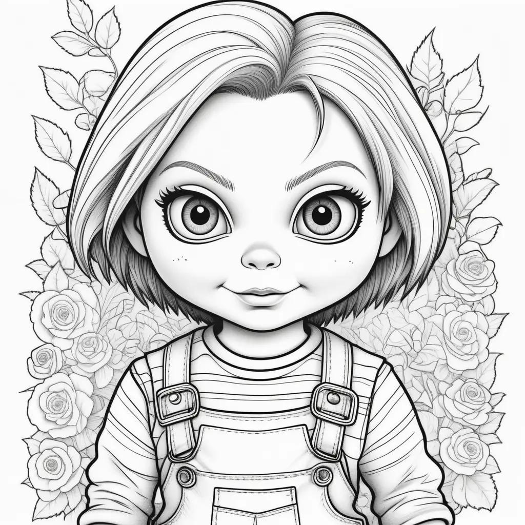 black and white cartoon of Chucky in overalls with flowers behind him