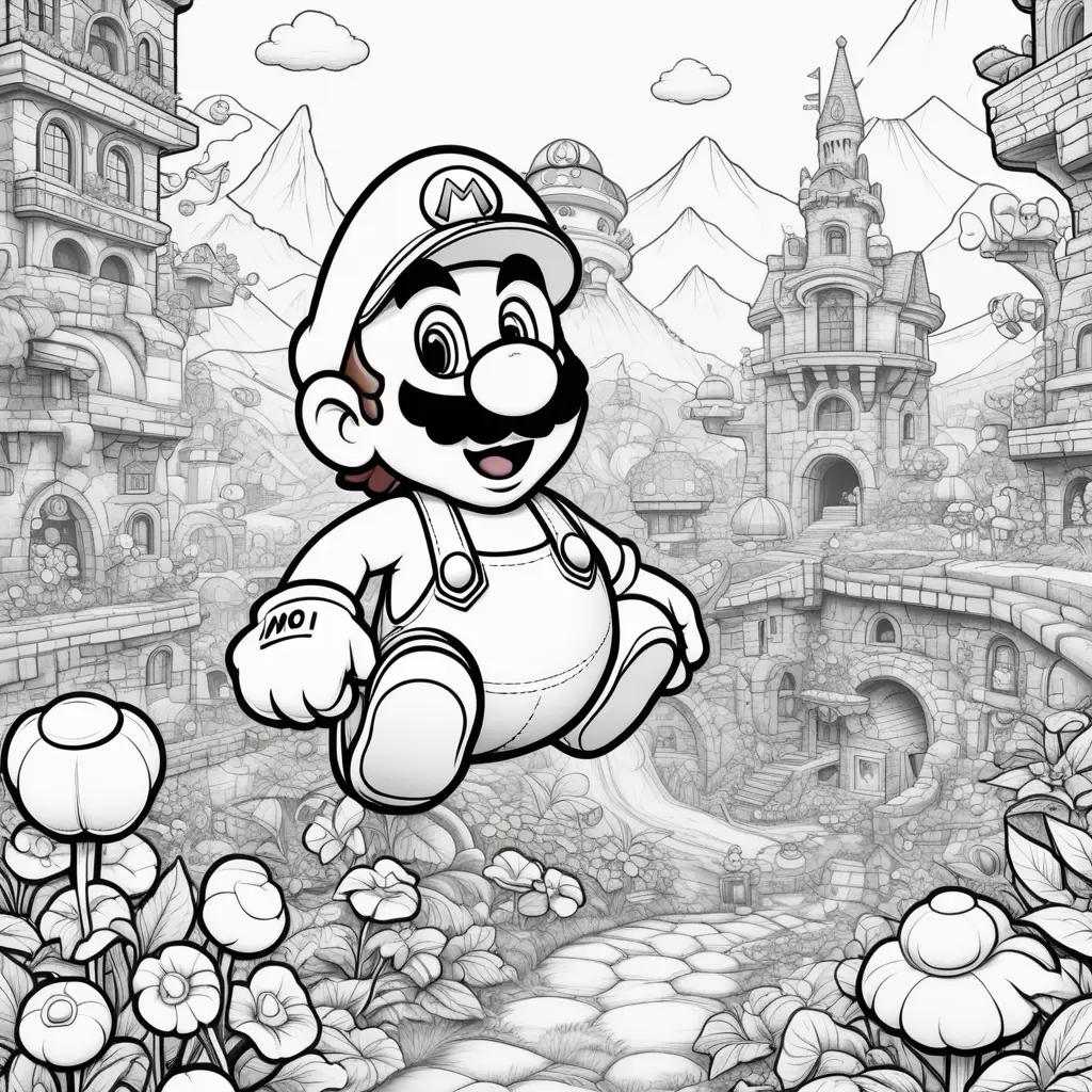 black and white cartoon of Mario in a movie coloring page