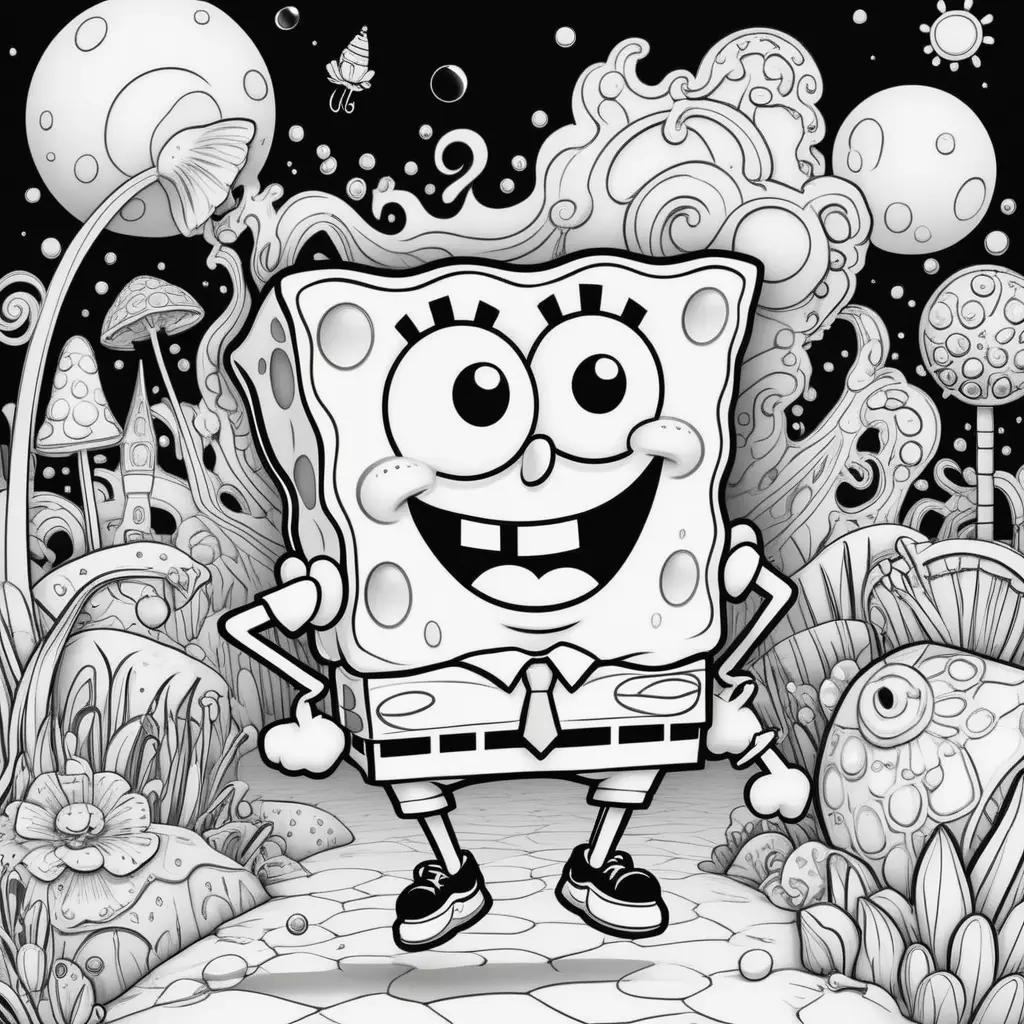 black and white cartoon of Spongebob Squarepants