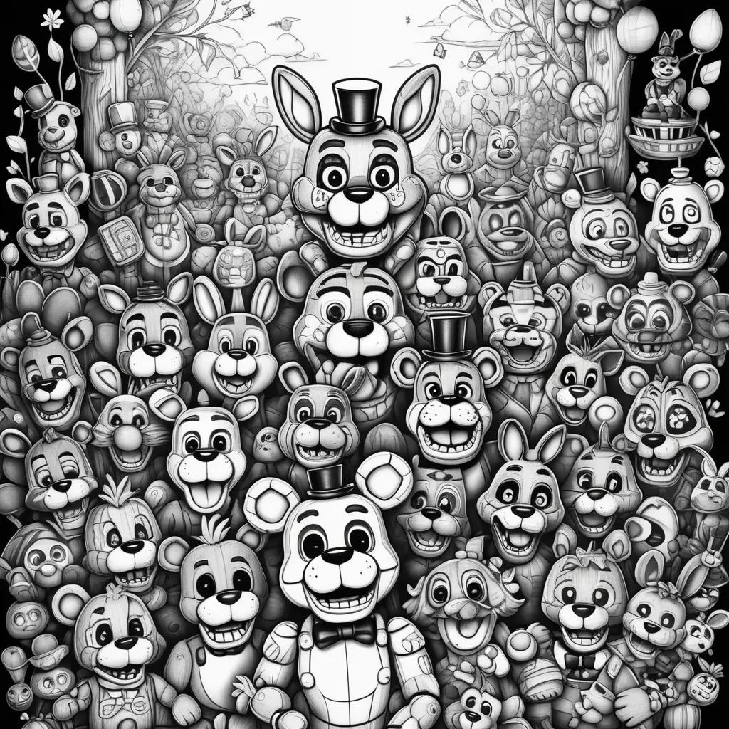 black and white cartoon of a color page featuring many characters