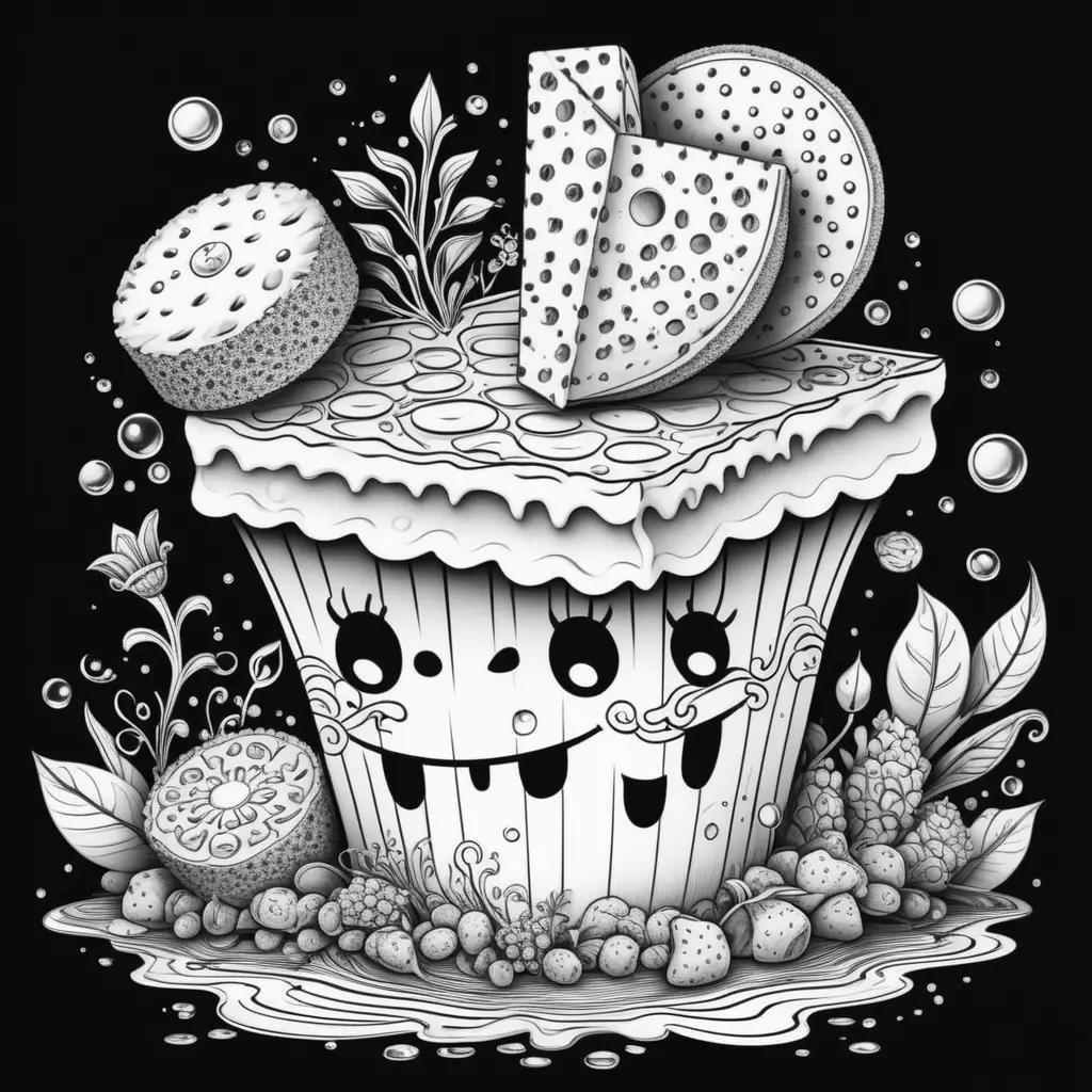 black and white cartoon of a cupcake and fruit with a smiling face