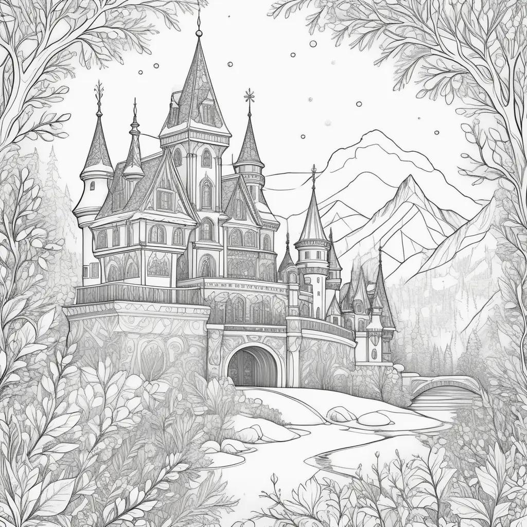 black and white castle drawn in a frozen color page