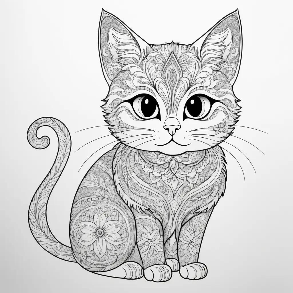 black and white cat color page with a flower design