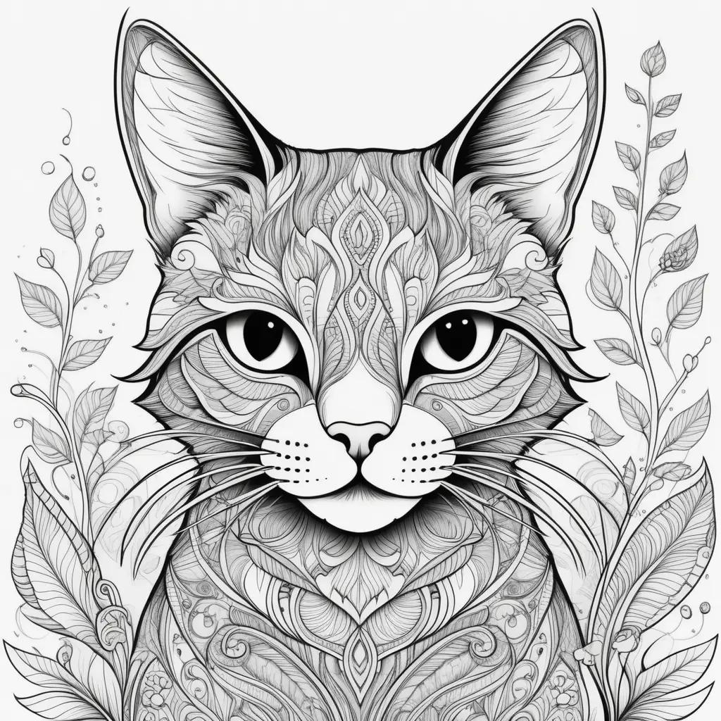 black and white cat color page with a flower pattern