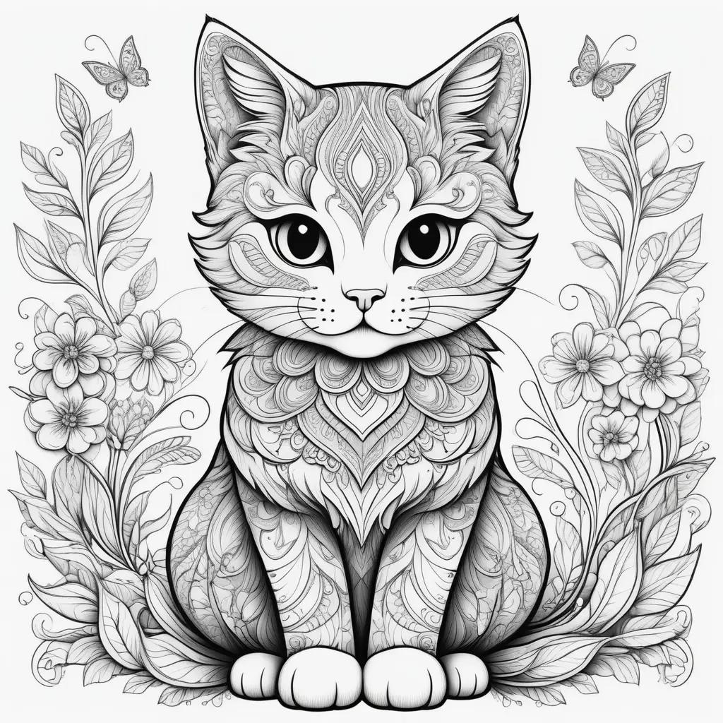 black and white cat color page with floral design