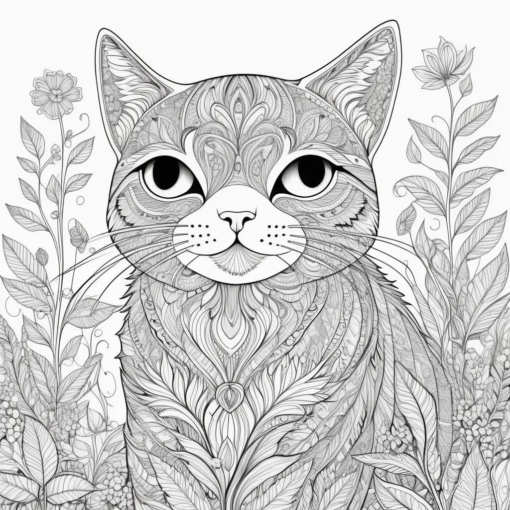 black and white cat color page with floral elements