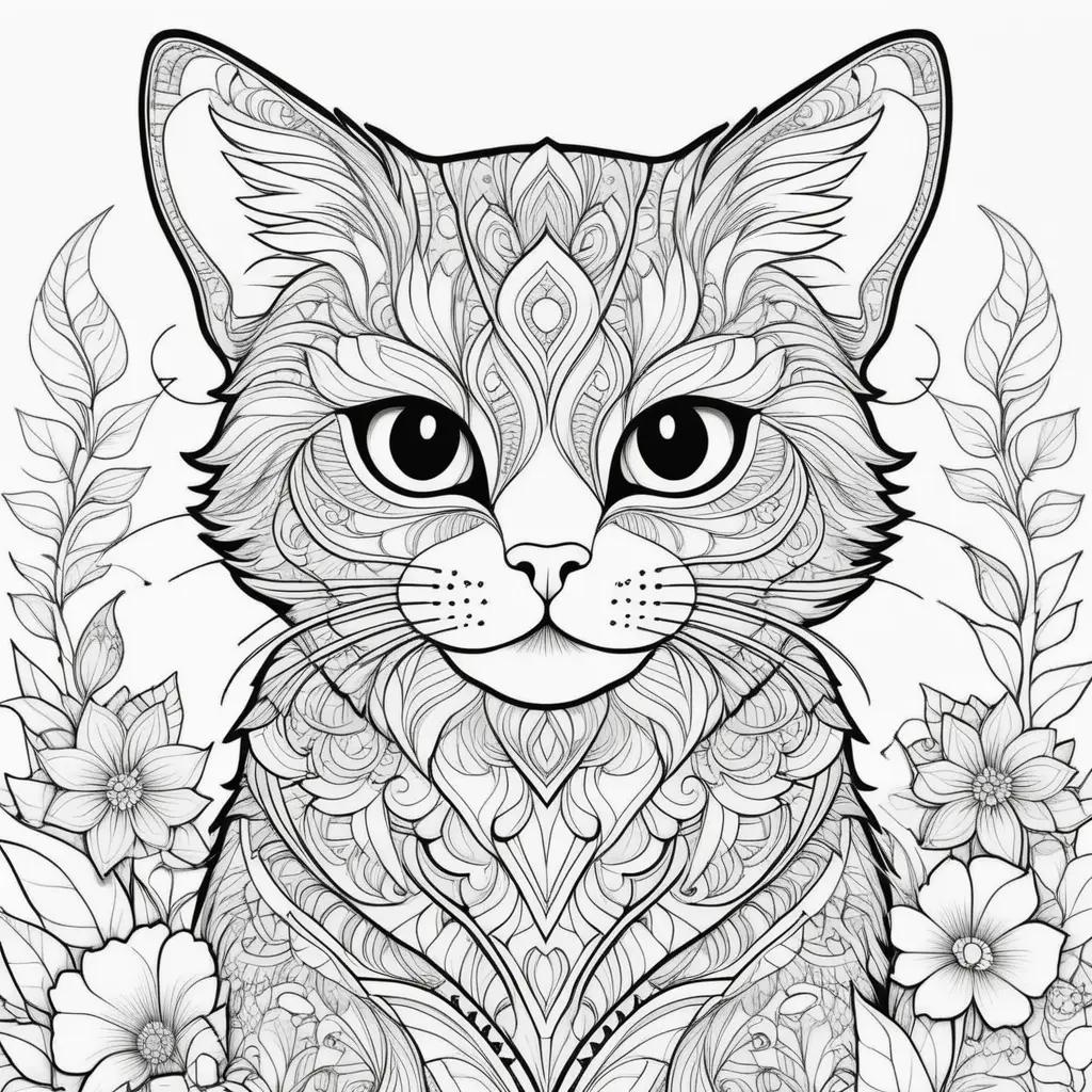 black and white cat coloring page featuring a floral background