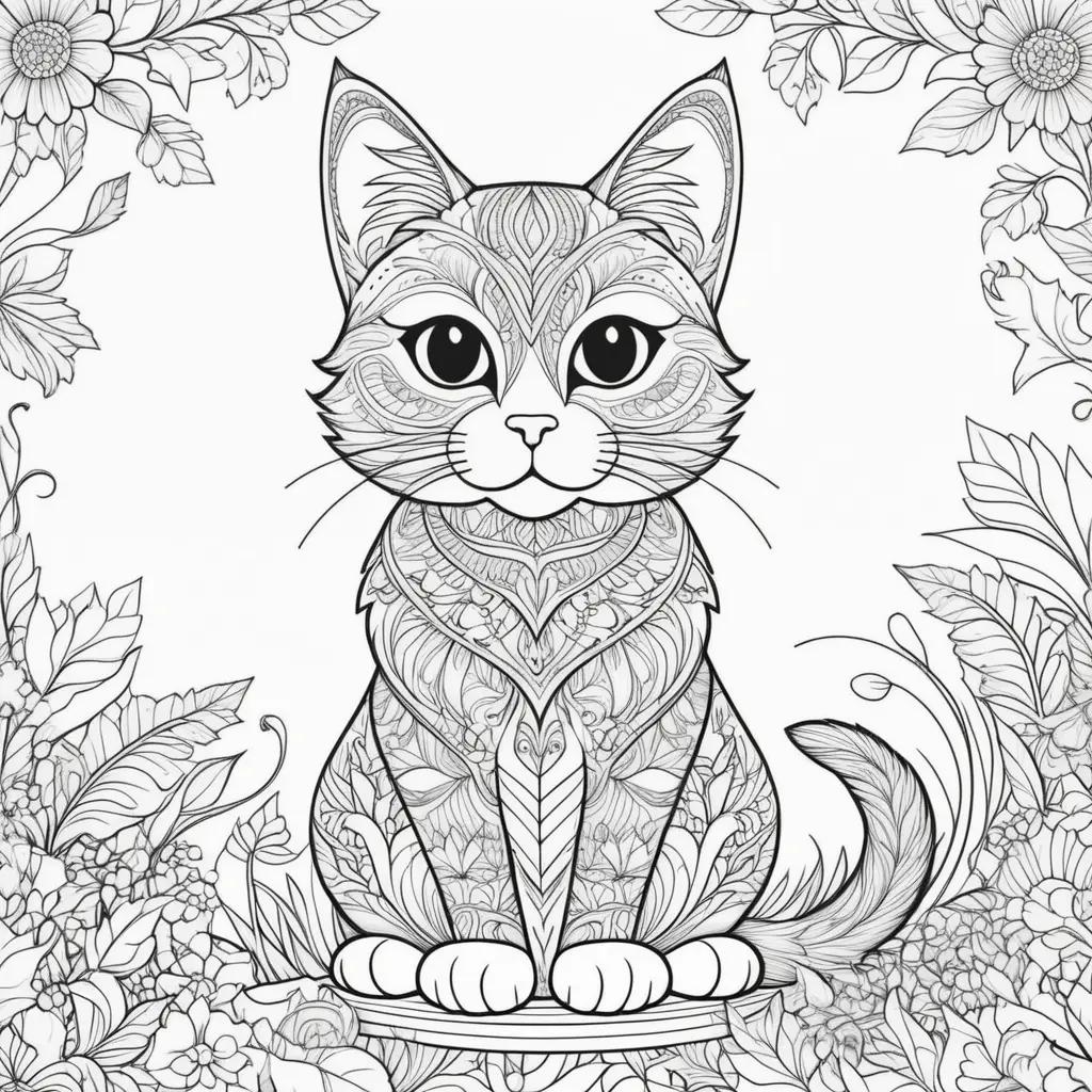 black and white cat coloring page with a floral background