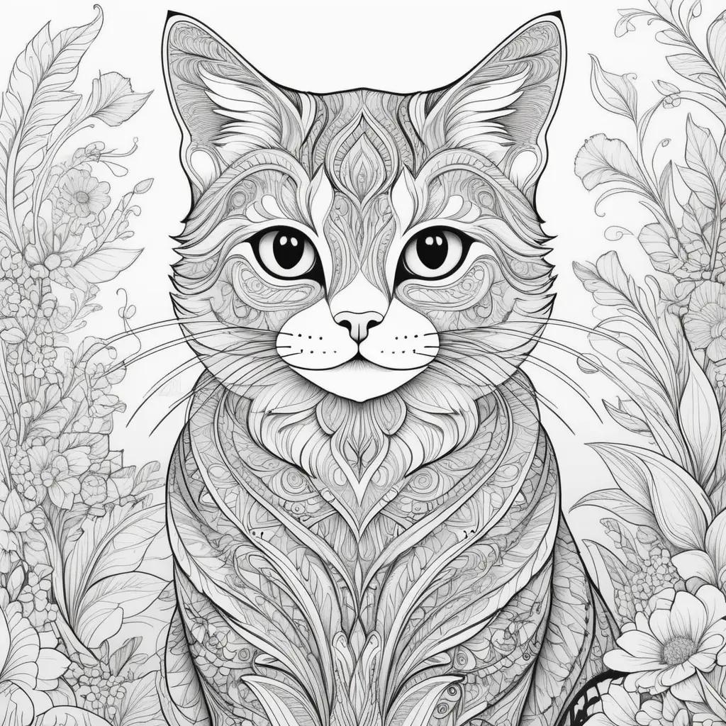 black and white cat coloring page with a floral background