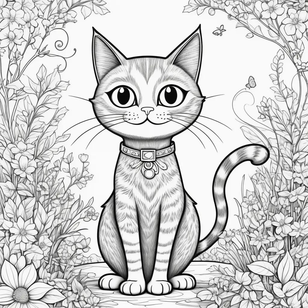 black and white cat coloring page with a flower background