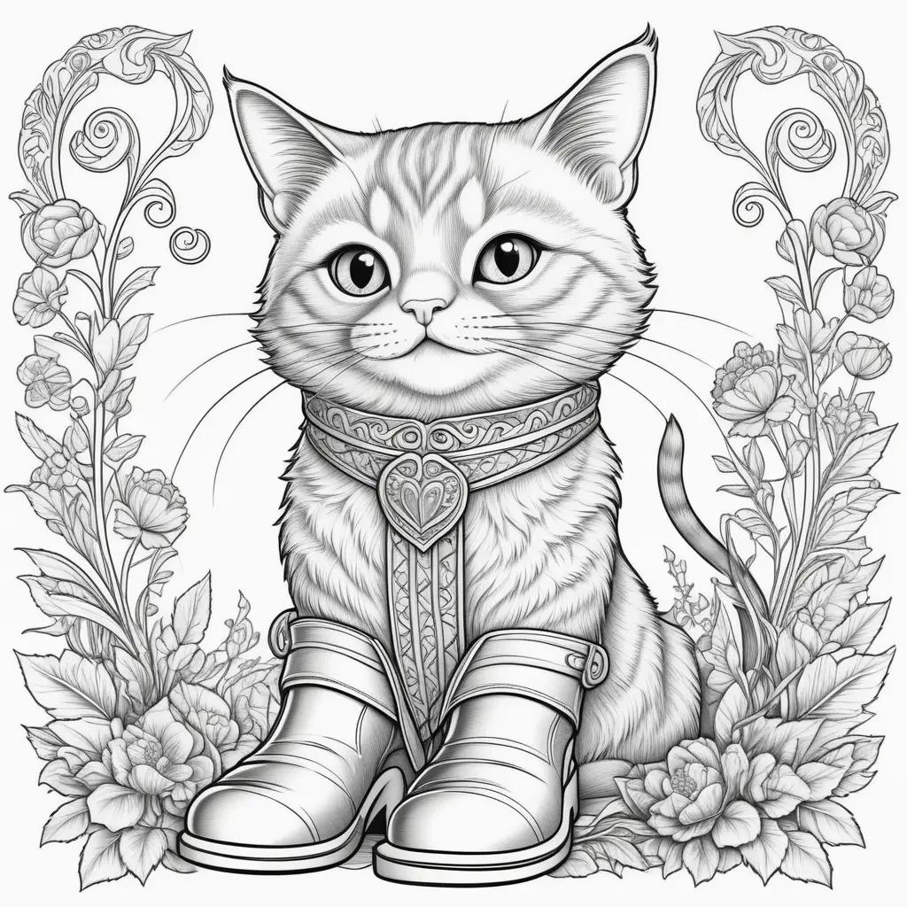 black and white cat coloring page with boots