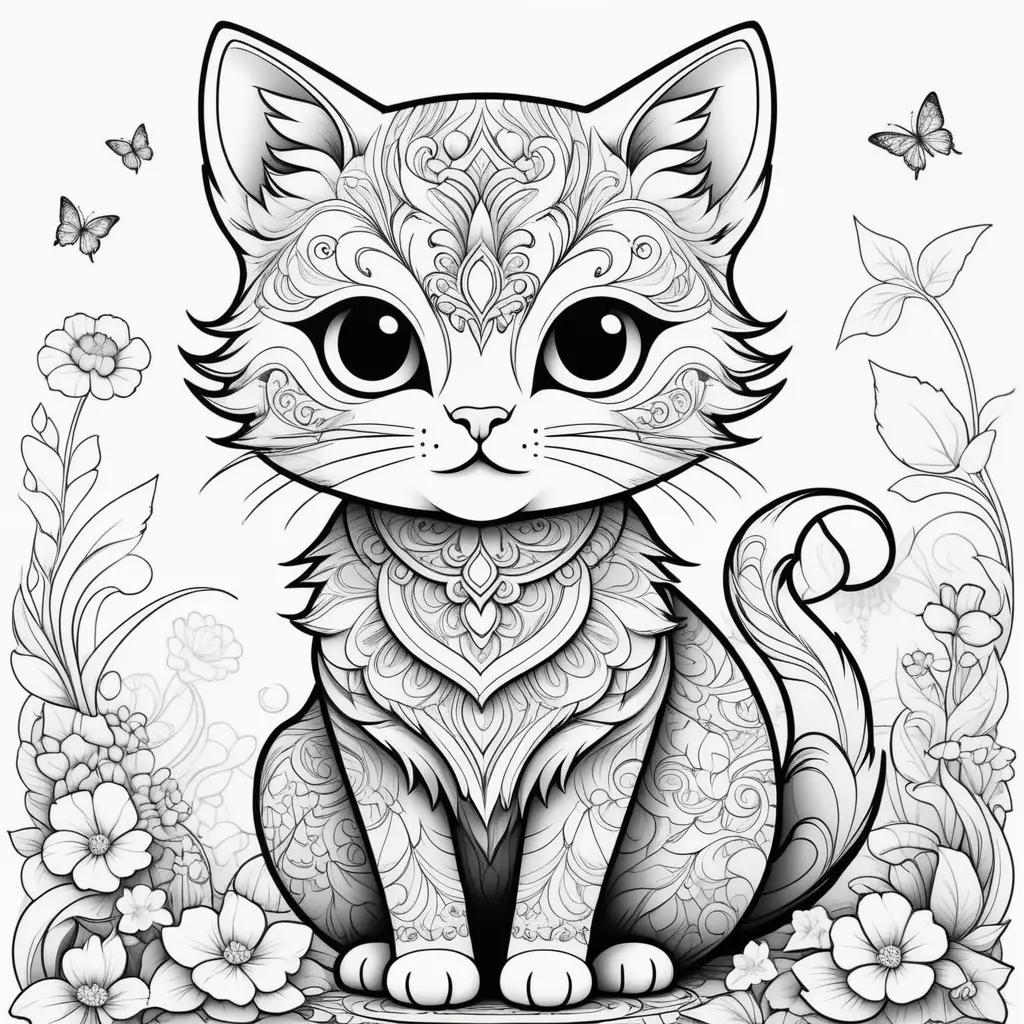 black and white cat coloring page with butterflies