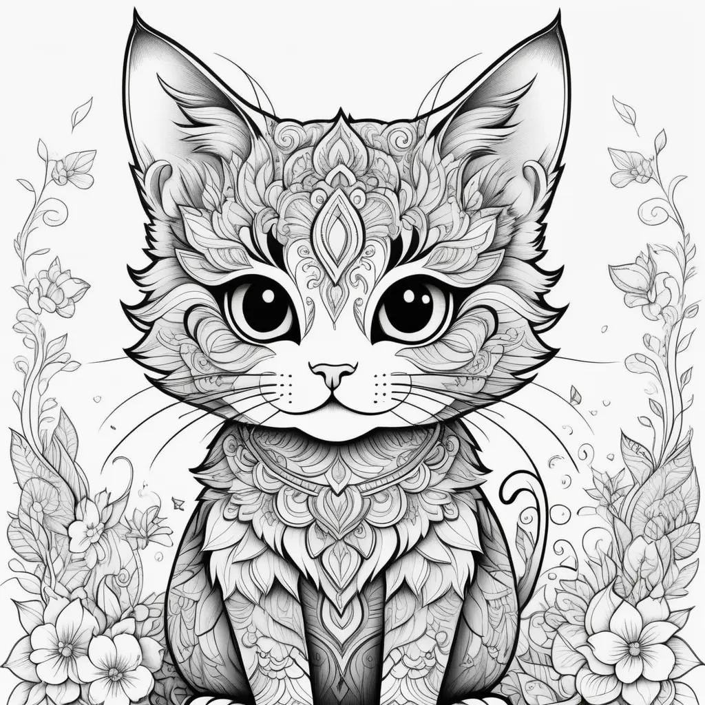 black and white cat coloring page with floral designs