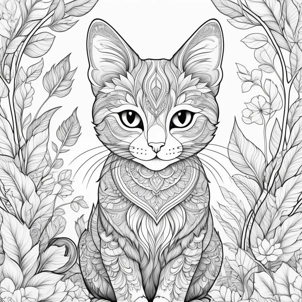 black and white cat coloring page with flowers