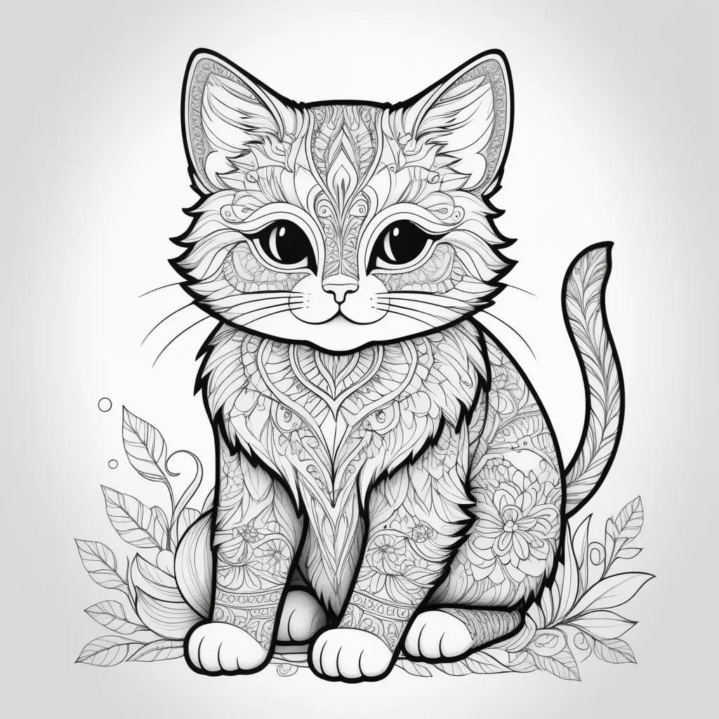 black and white cat coloring page with flowers and leaves