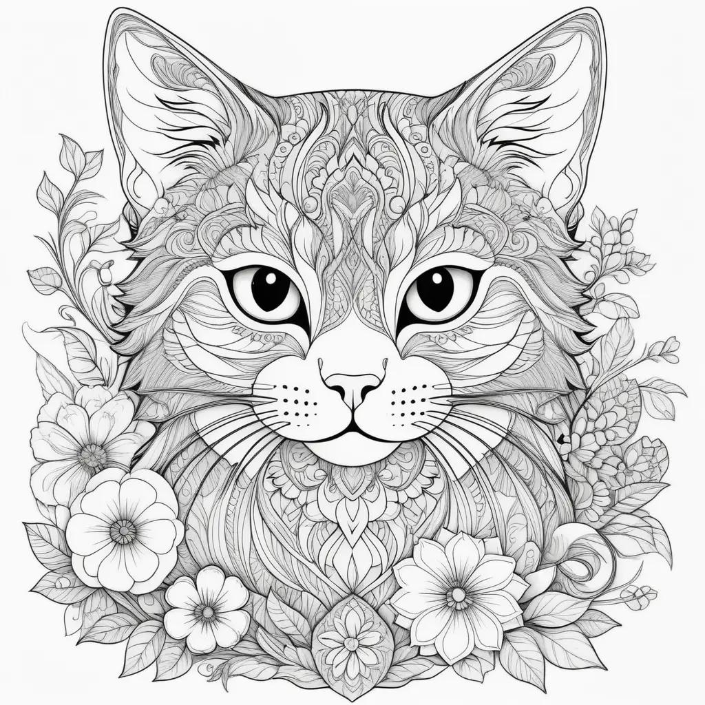 black and white cat coloring page with flowers around it