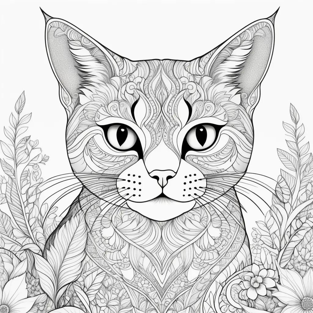 black and white cat coloring page with flowers