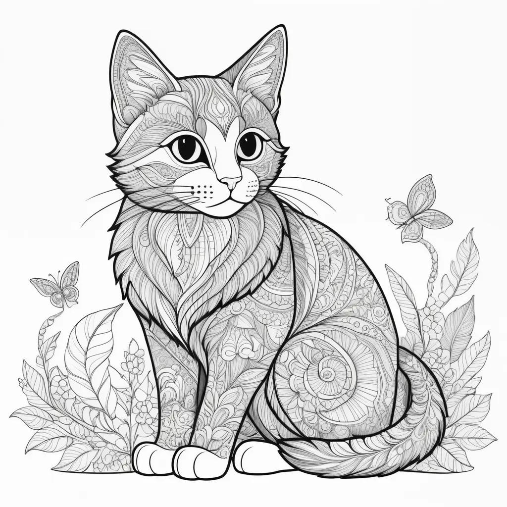 black and white cat coloring page with intricate designs